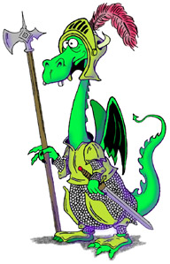 brightly colored dragon dressed for battle
