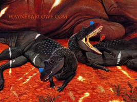 Wayne Barlowe art: two reptiles at the feet of a much larger reptile