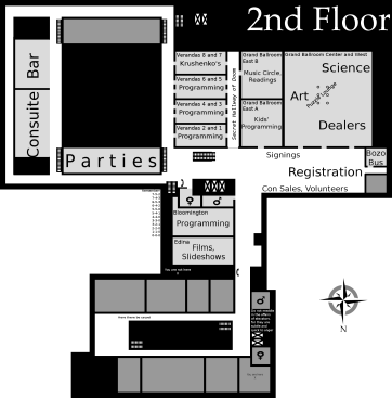 The second floor includes programming, the music circle, readings, the art show, dealers room and science room, registration, signings, con sales, the volunteers table, the film and slideshow room, and the consuite and bar