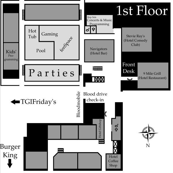 On the first floor: Kids' Programming is 
in a suite by the pool.  Gaming is by the pool.  Parties are in rooms 
south of the pool.  Concerts and Music Programming are in Ship Side.  
TGIFriday's is to the east.  Burger King is to the north.  The blood 
drive is in the east parking area.