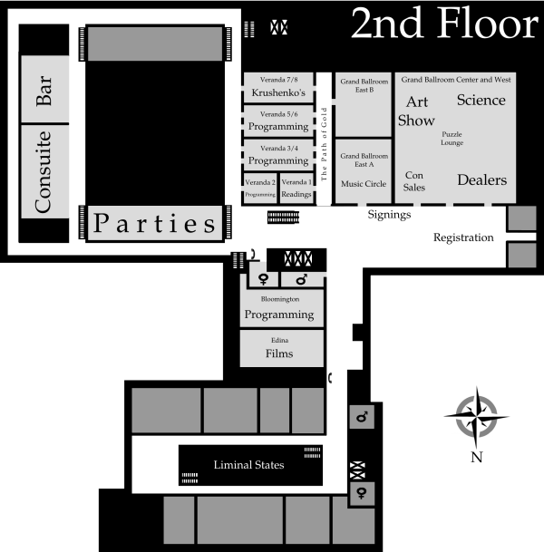 On 
the second floor: The consuite and bar are in suites above the pool.  
Programming is in Verandas 7/8, 5/6, 3/4 and 2.  Readings are in Veranda 
1.  Music Circle is in Grand Ballroom East A.  The art show, science 
room, dealers and con sales are in Grand Ballroom Center and West.  
Signing and Registration are outside the Grand Ballroom.  Programming is 
in the Bloomington room.  Films are in the Edina room.
